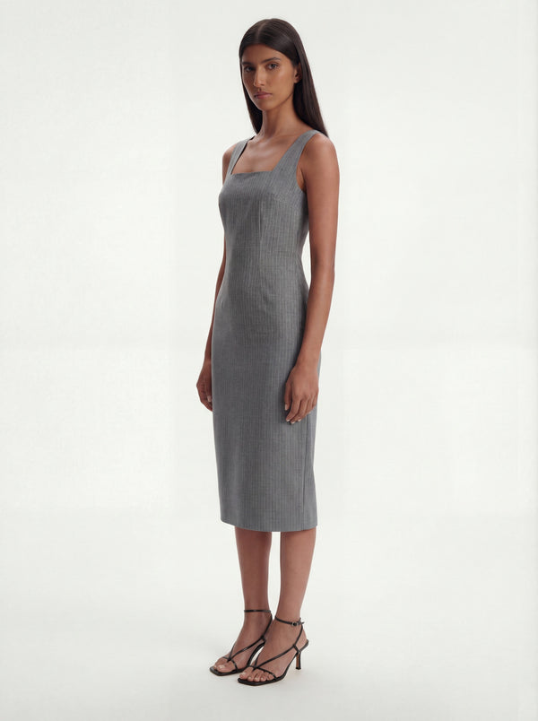 Olivia Tailored Midi Dress with Square Neck in Sky Mist Blue with Whit - Me Esse Olivia Tailored Midi Dress with Square Neck in Sky Mist Blue with Whit - Me Esse