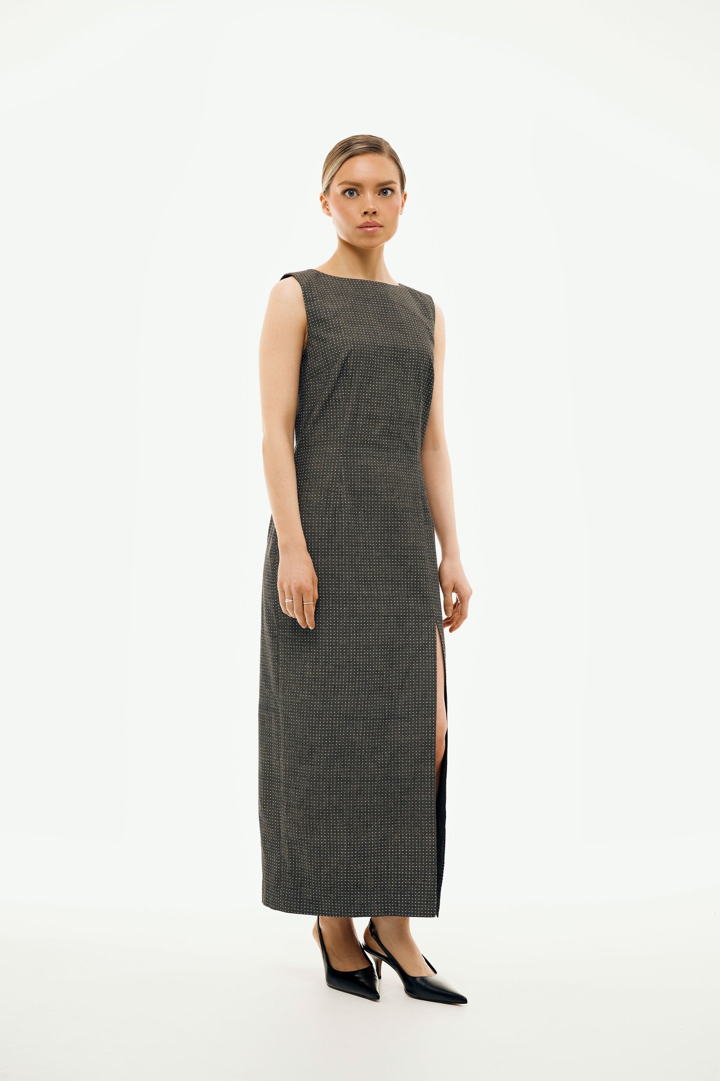 100% Organic Cotton Long Pencil Dress 'Michelle' in Polka Dot on Black