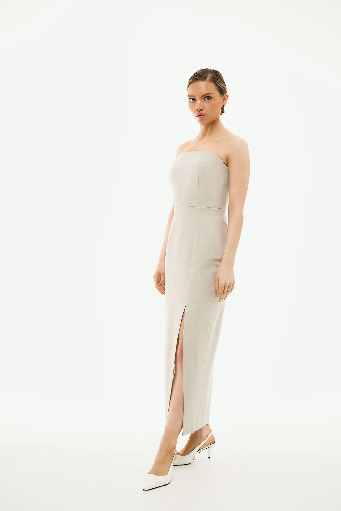 100% Organic Cotton Strapless Long Dress 'Isabella' in Stone Grey