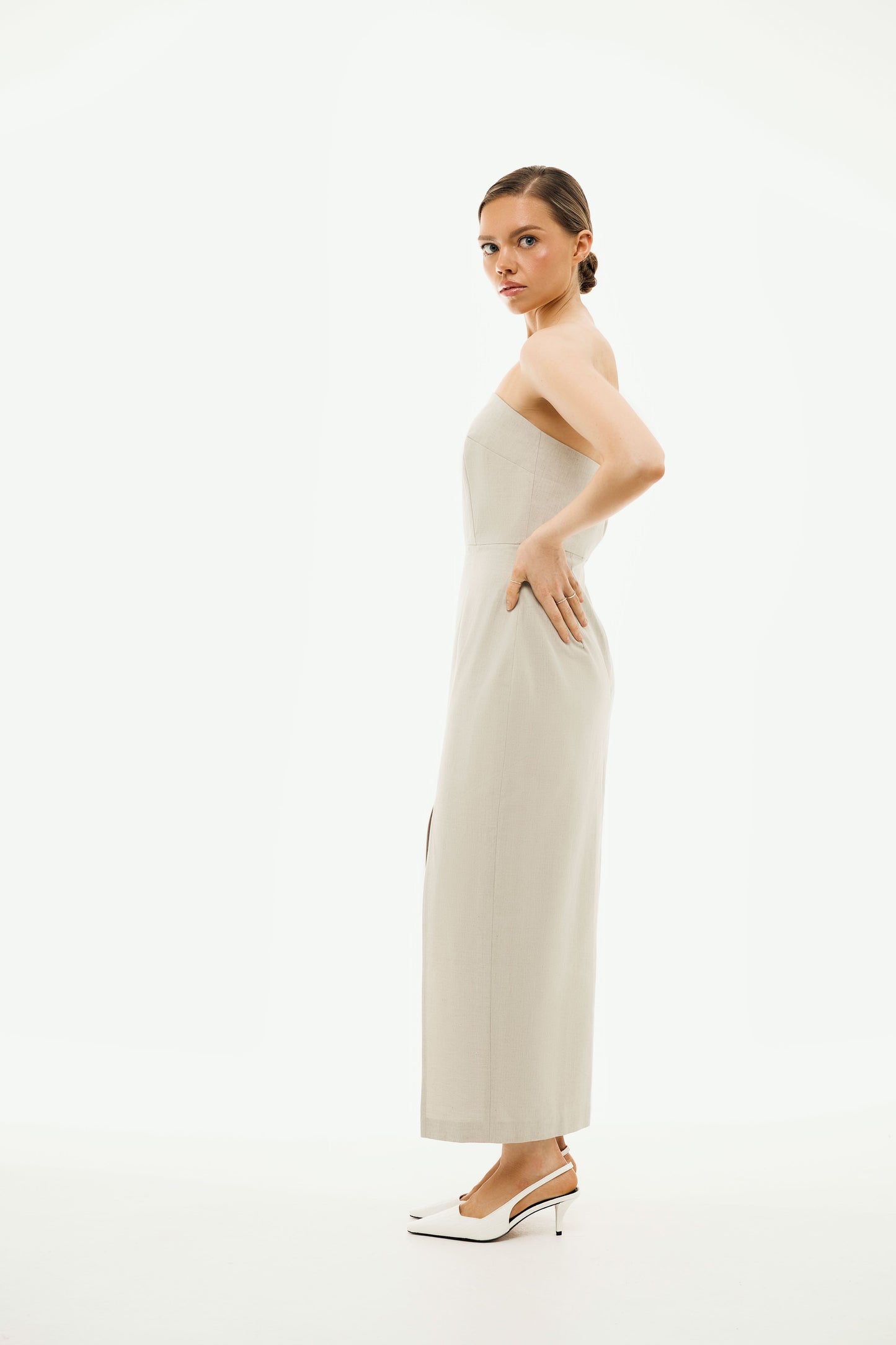 100% Organic Cotton Strapless Long Dress 'Isabella' in Stone Grey