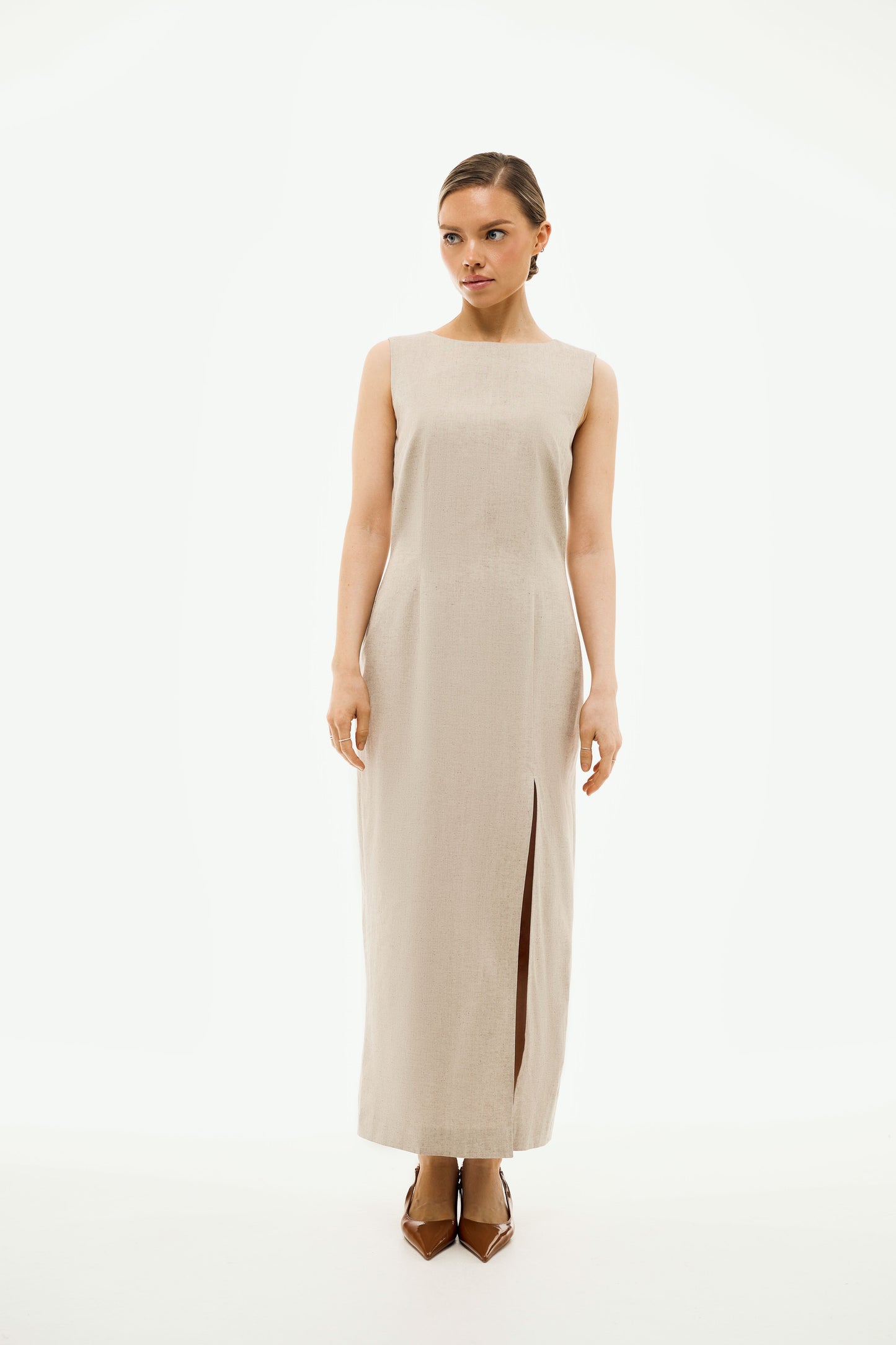 100% Organic Cotton Long Pencil Dress 'Michelle' in Beige