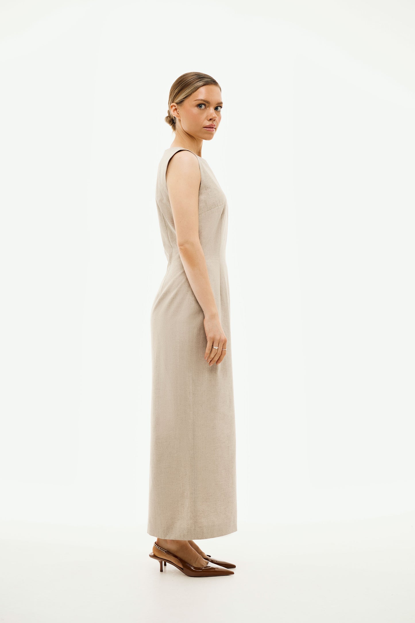 100% Organic Cotton Long Pencil Dress 'Michelle' in Beige