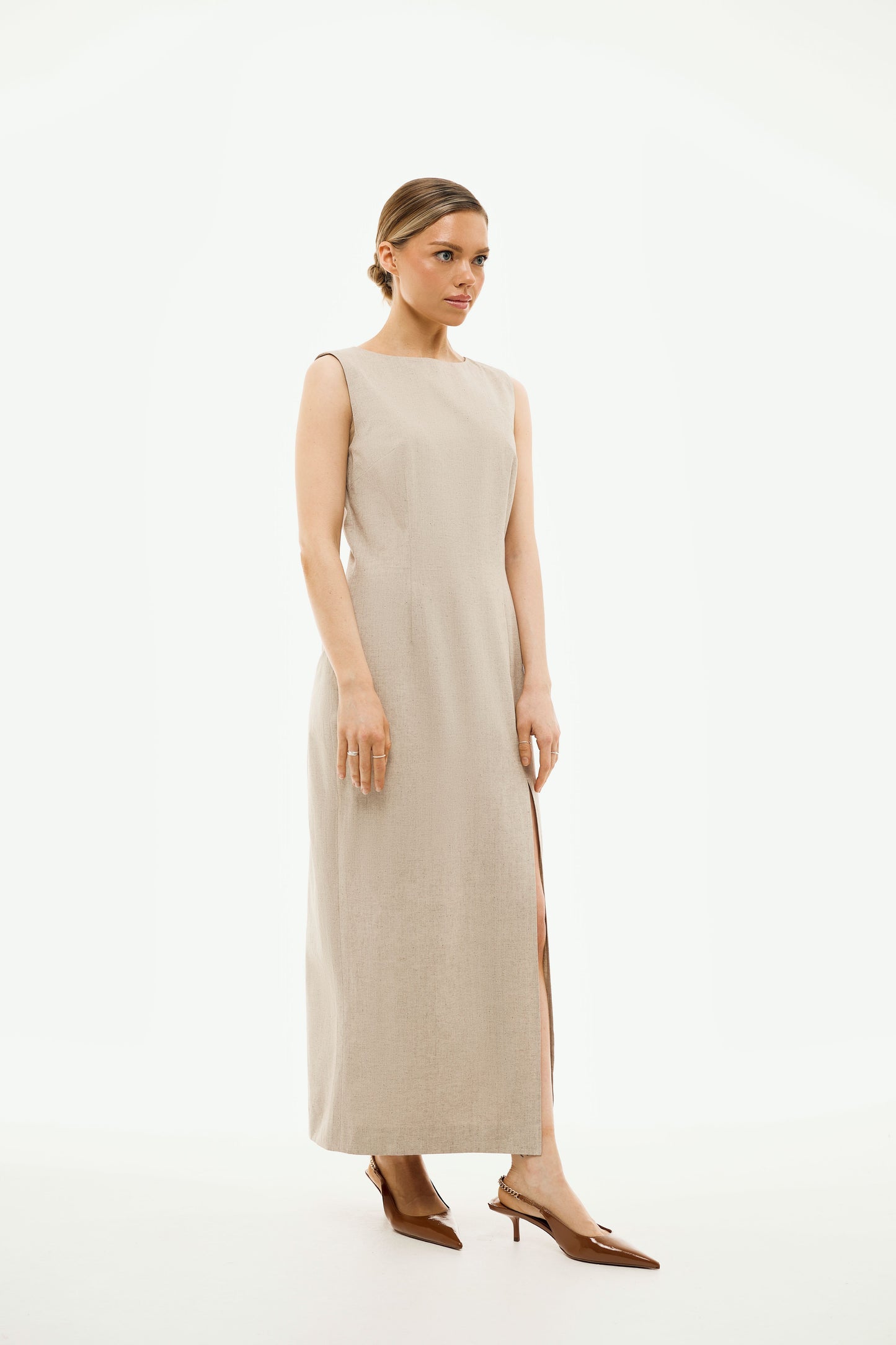 100% Organic Cotton Long Pencil Dress 'Michelle' in Beige