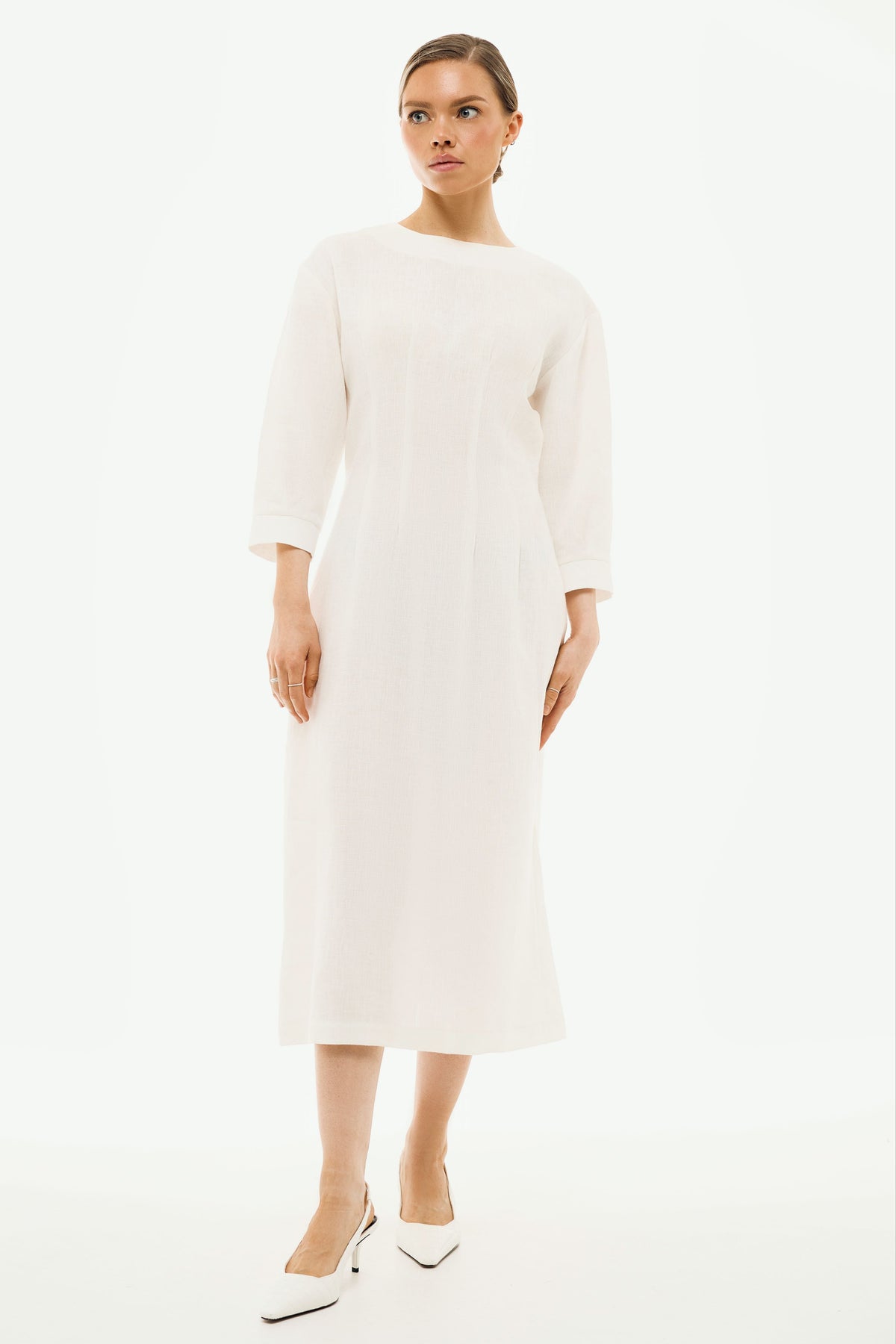 Elena Off White Midi Dress | Linen