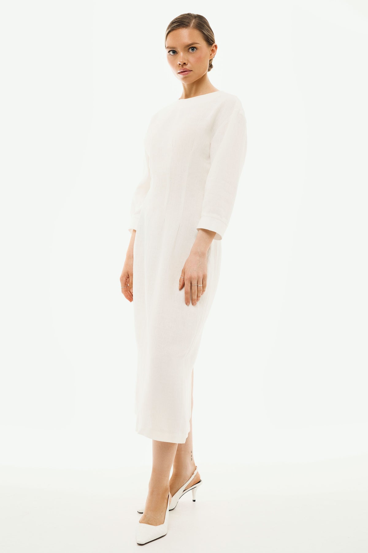 Elena Off White Midi Dress | Linen