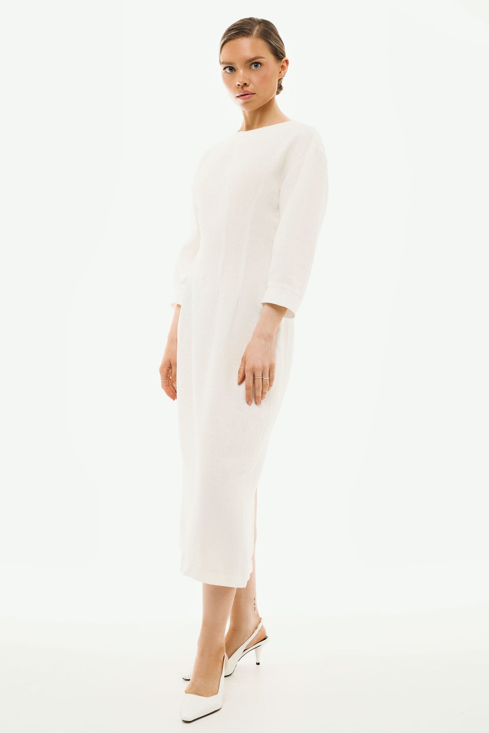 Me Esse Elena Off White Midi Dress | Linen