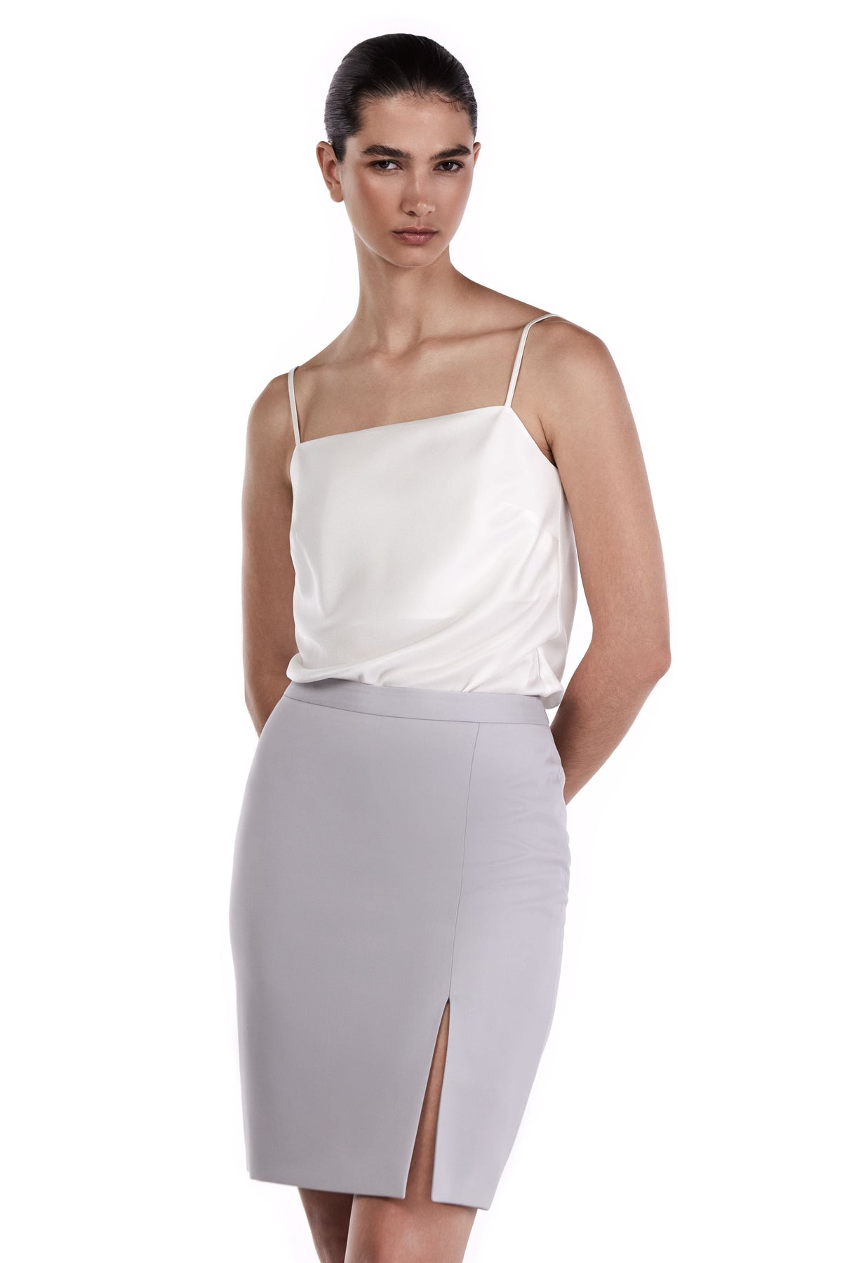 Me Esse Alicia Tailored Knee-Length Skirt with Slit in Platinum Grey