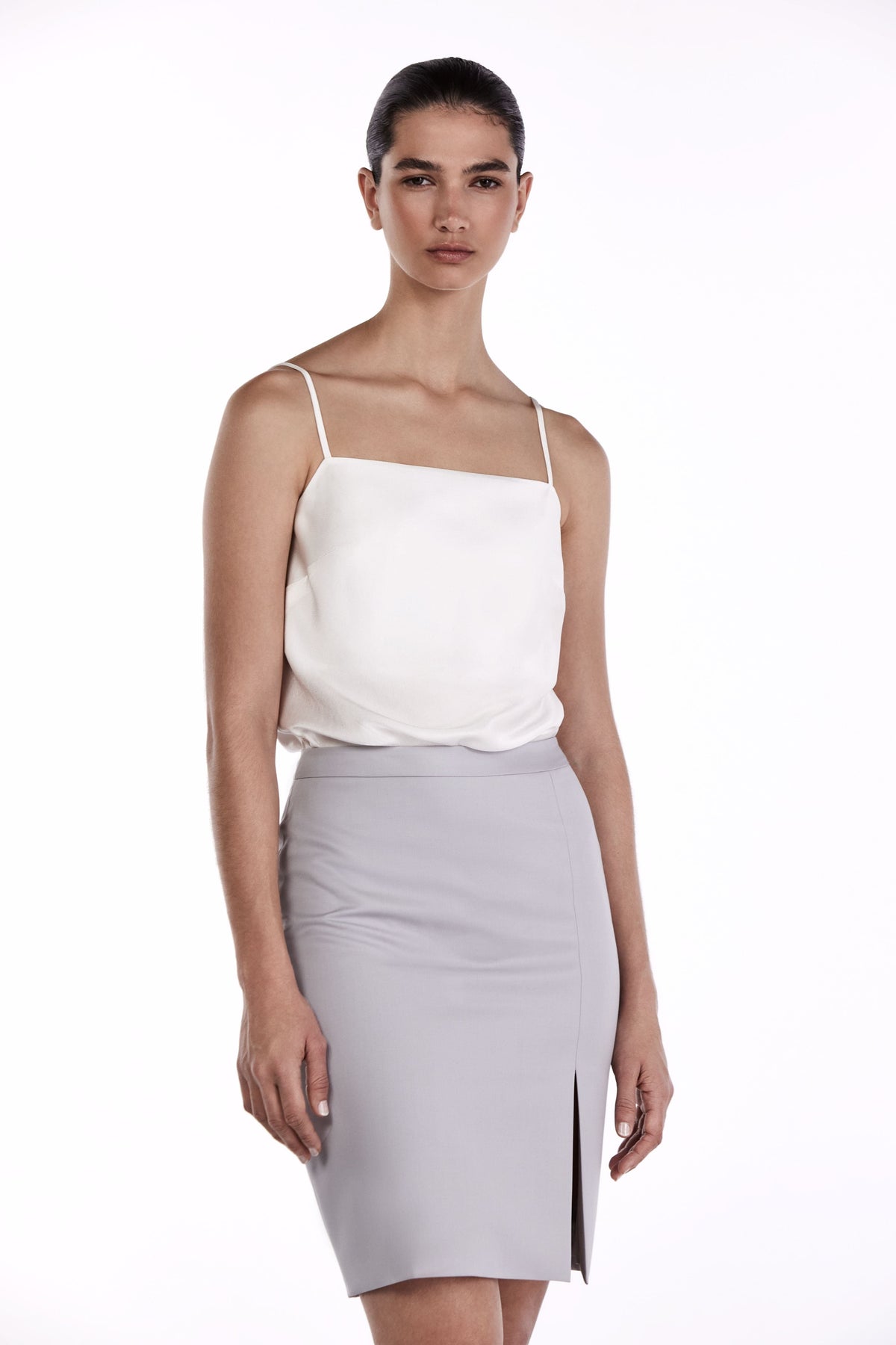 Me Esse Alicia Tailored Knee-Length Skirt with Slit in Platinum Grey