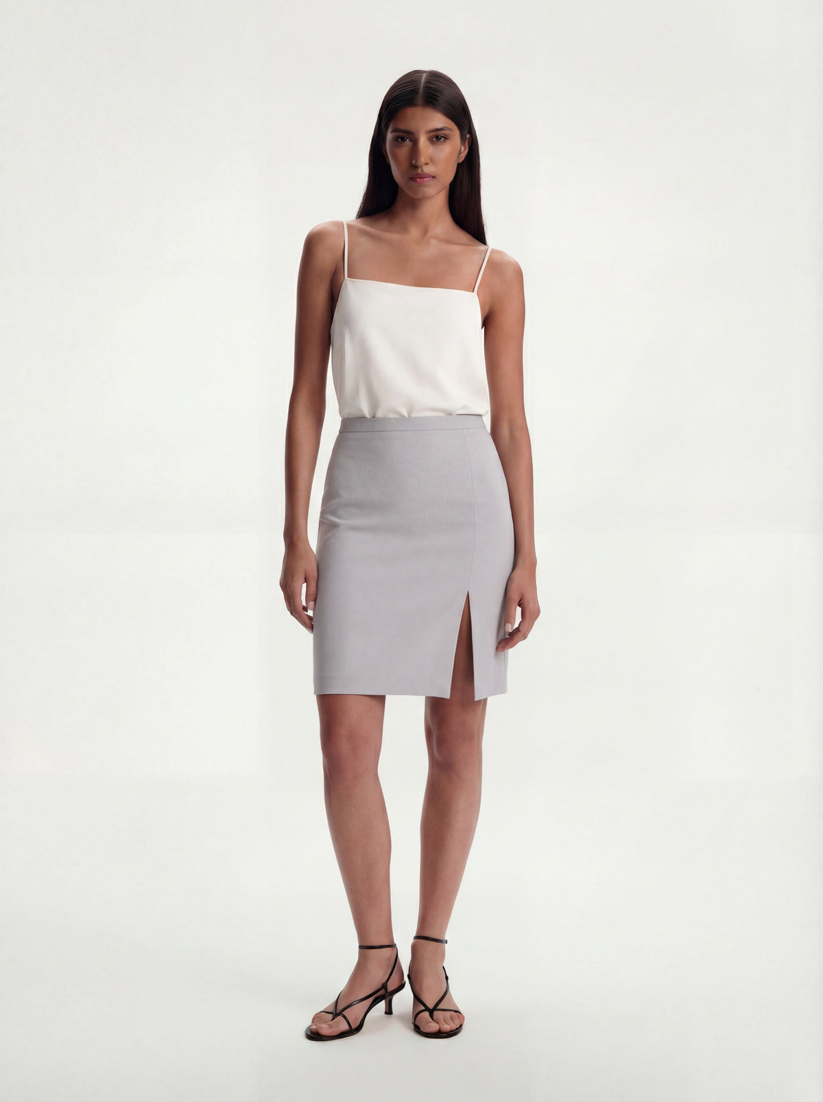 Me Esse Alicia Tailored Knee-Length Skirt with Slit in Platinum Grey
