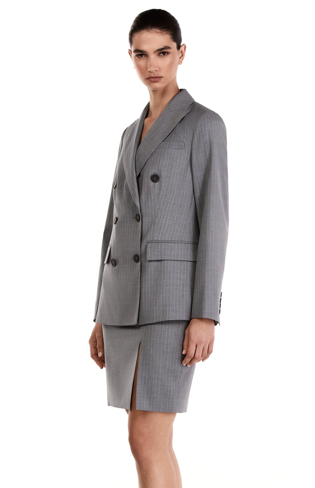 Me Esse Alicia Tailored Knee-Length Skirt with Slit in Sky Mist Blue with White Stripe