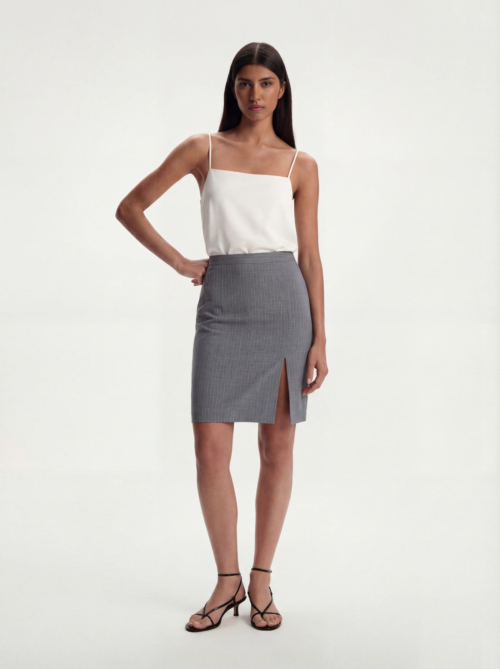 Me Esse Alicia Tailored Knee-Length Skirt with Slit in Sky Mist Blue with White Stripe