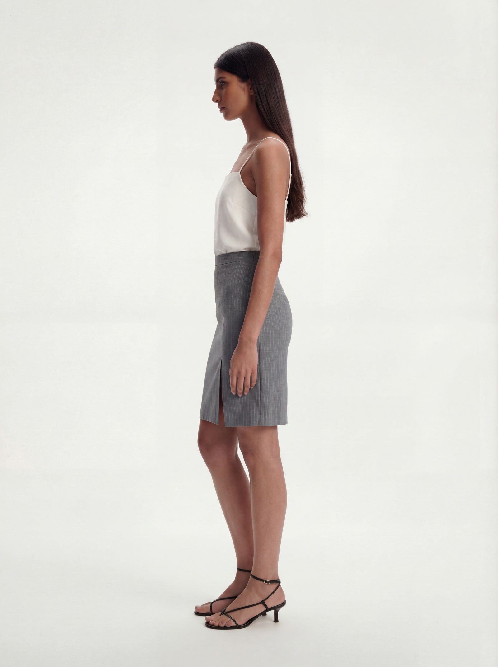 Me Esse Alicia Tailored Knee-Length Skirt with Slit in Sky Mist Blue with White Stripe