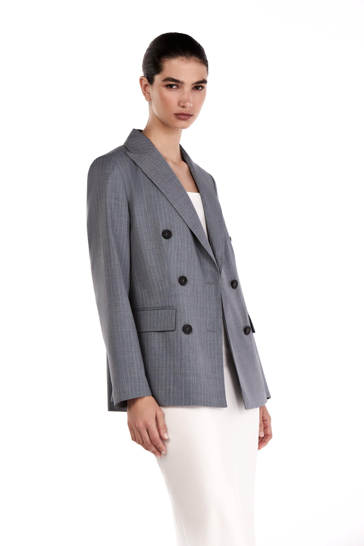 Me Esse Emma Double Breasted Blazer in Sky Mist Blue with White Stripe