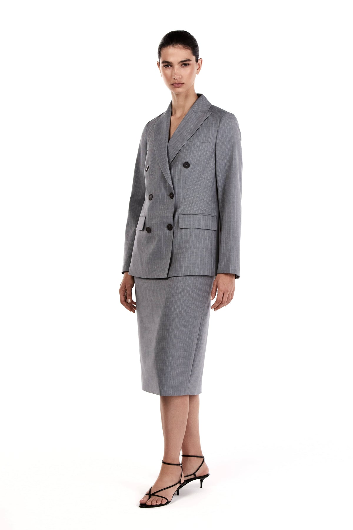 Me Esse Emma Double Breasted Blazer in Sky Mist Blue with White Stripe