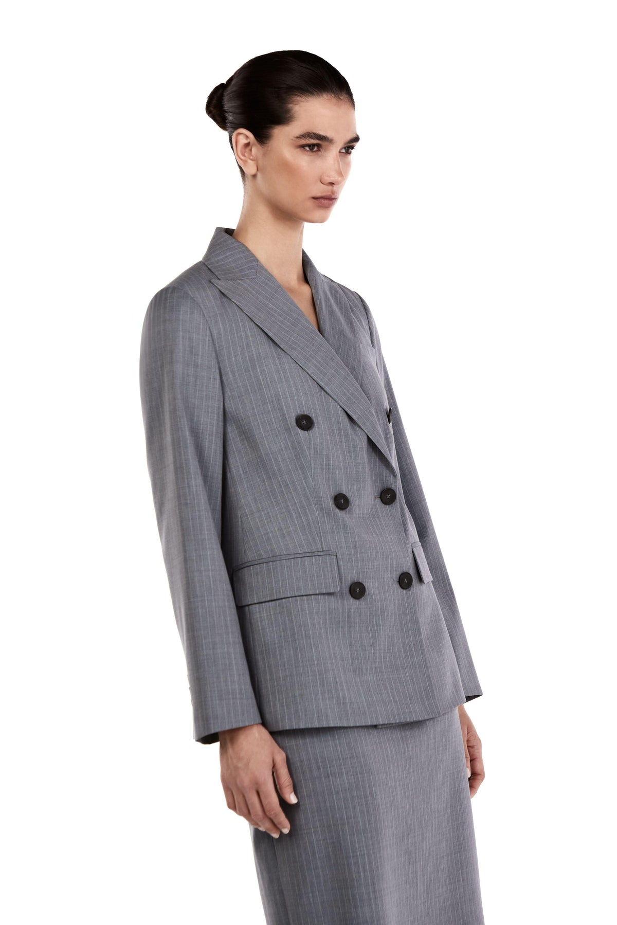 Me Esse Emma Double Breasted Blazer in Sky Mist Blue with White Stripe
