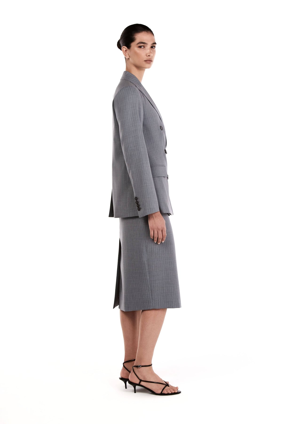 Me Esse Emma Double Breasted Blazer in Sky Mist Blue with White Stripe