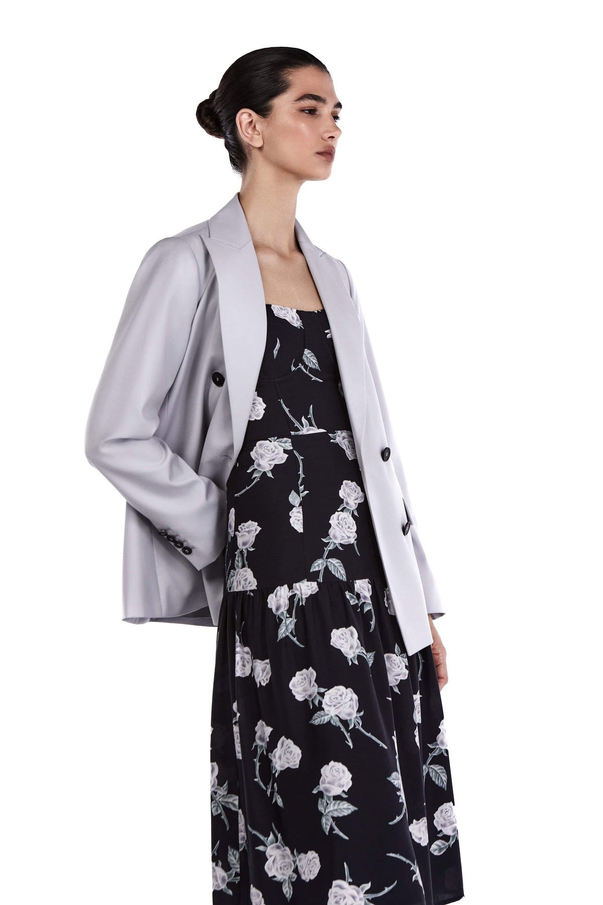 Me Esse Juliette Roses Print Midi Dress in Coal Black