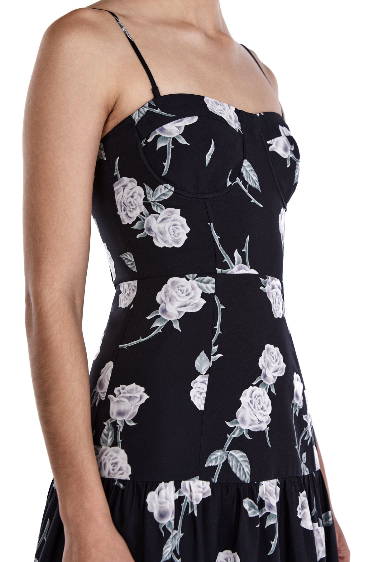 Me Esse Juliette Roses Print Midi Dress in Coal Black