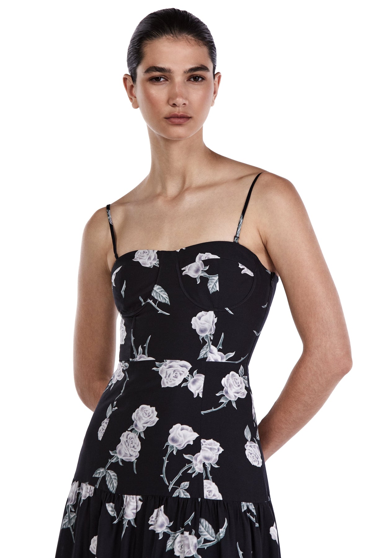 Me Esse Juliette Roses Print Midi Dress in Coal Black