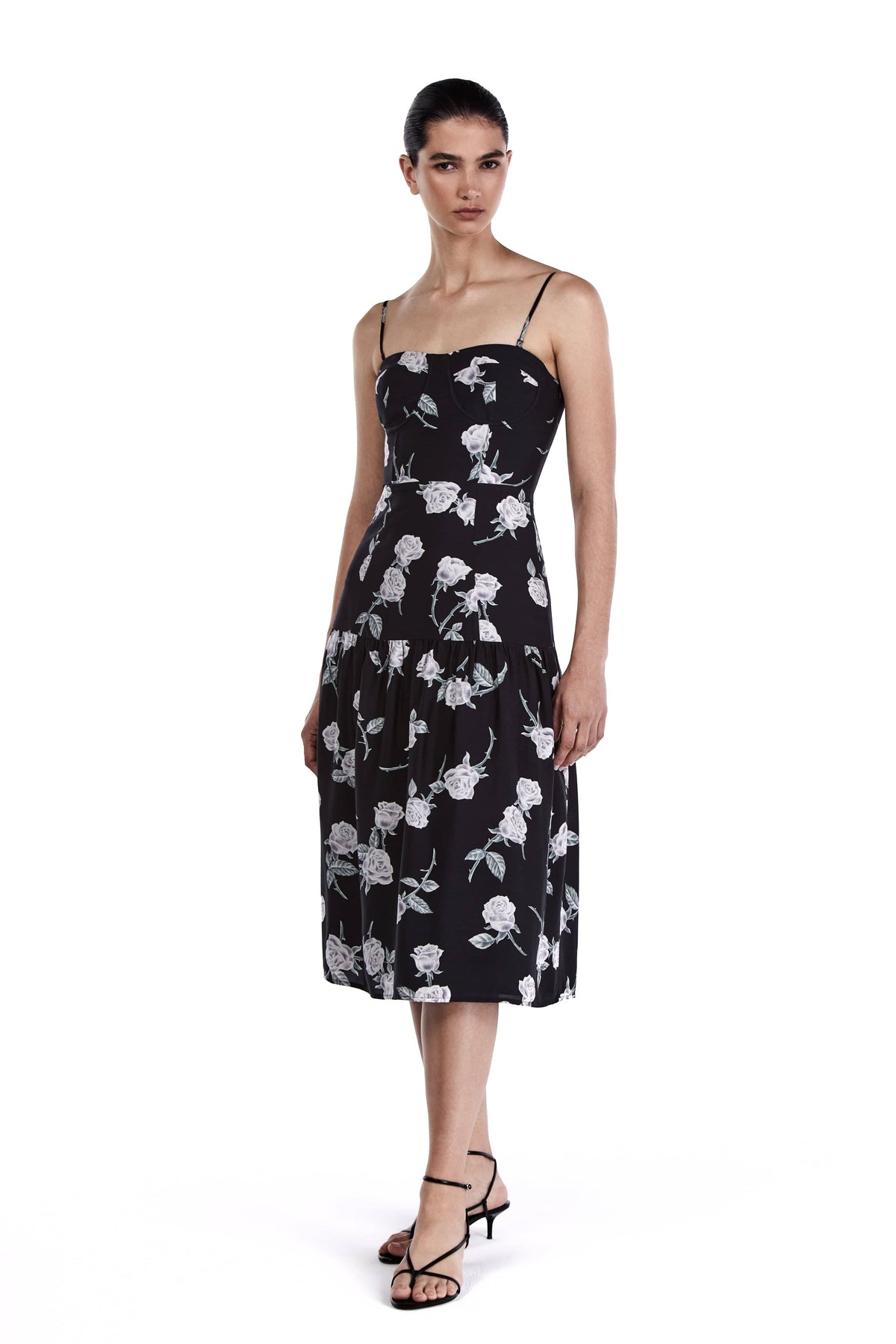 Me Esse Juliette Roses Print Midi Dress in Coal Black