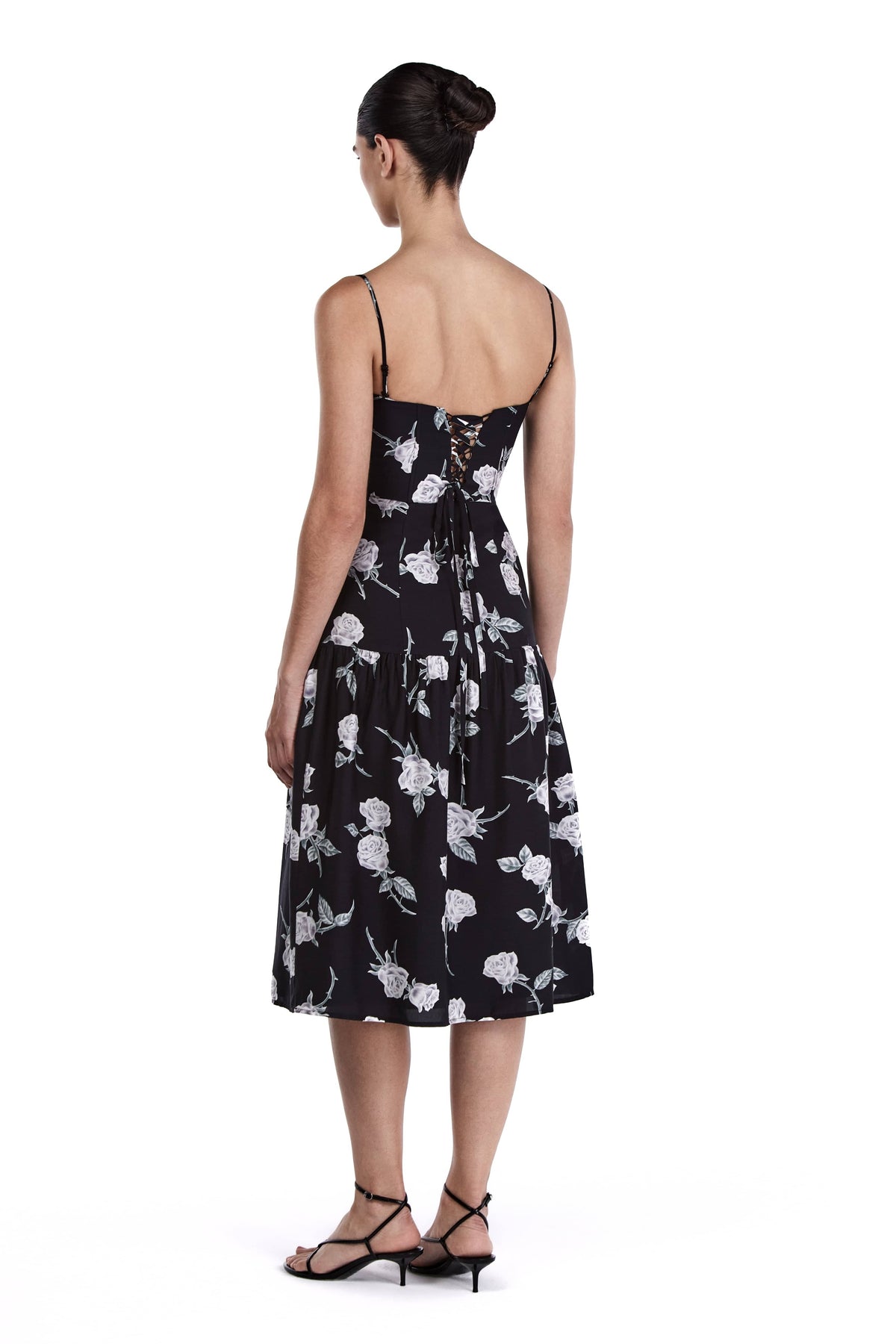 Me Esse Juliette Roses Print Midi Dress in Coal Black
