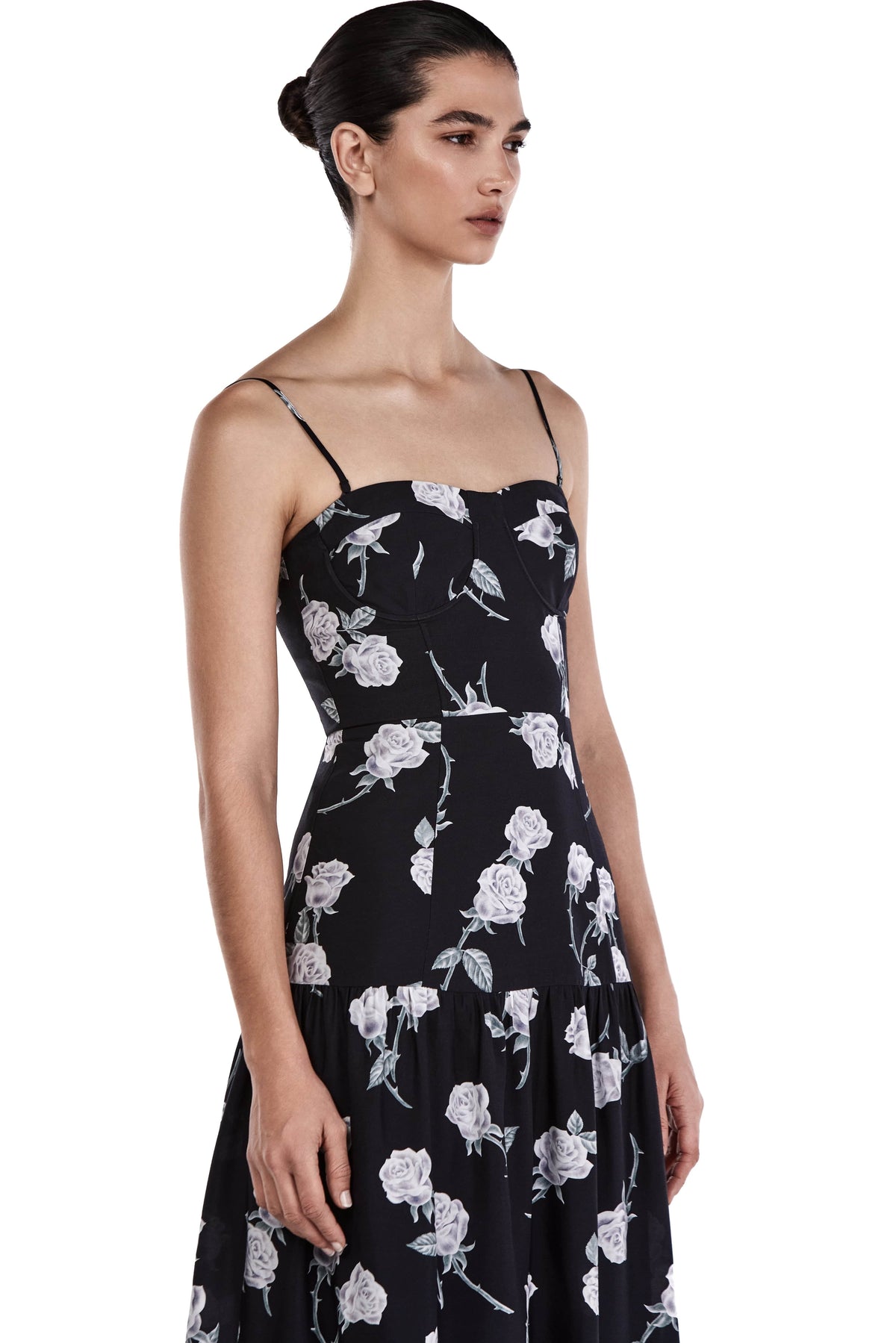 Me Esse Juliette Roses Print Midi Dress in Coal Black