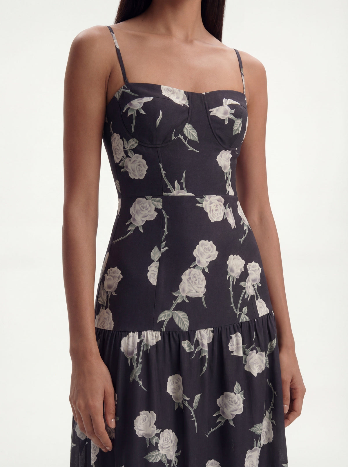 Me Esse Juliette Roses Print Midi Dress in Coal Black
