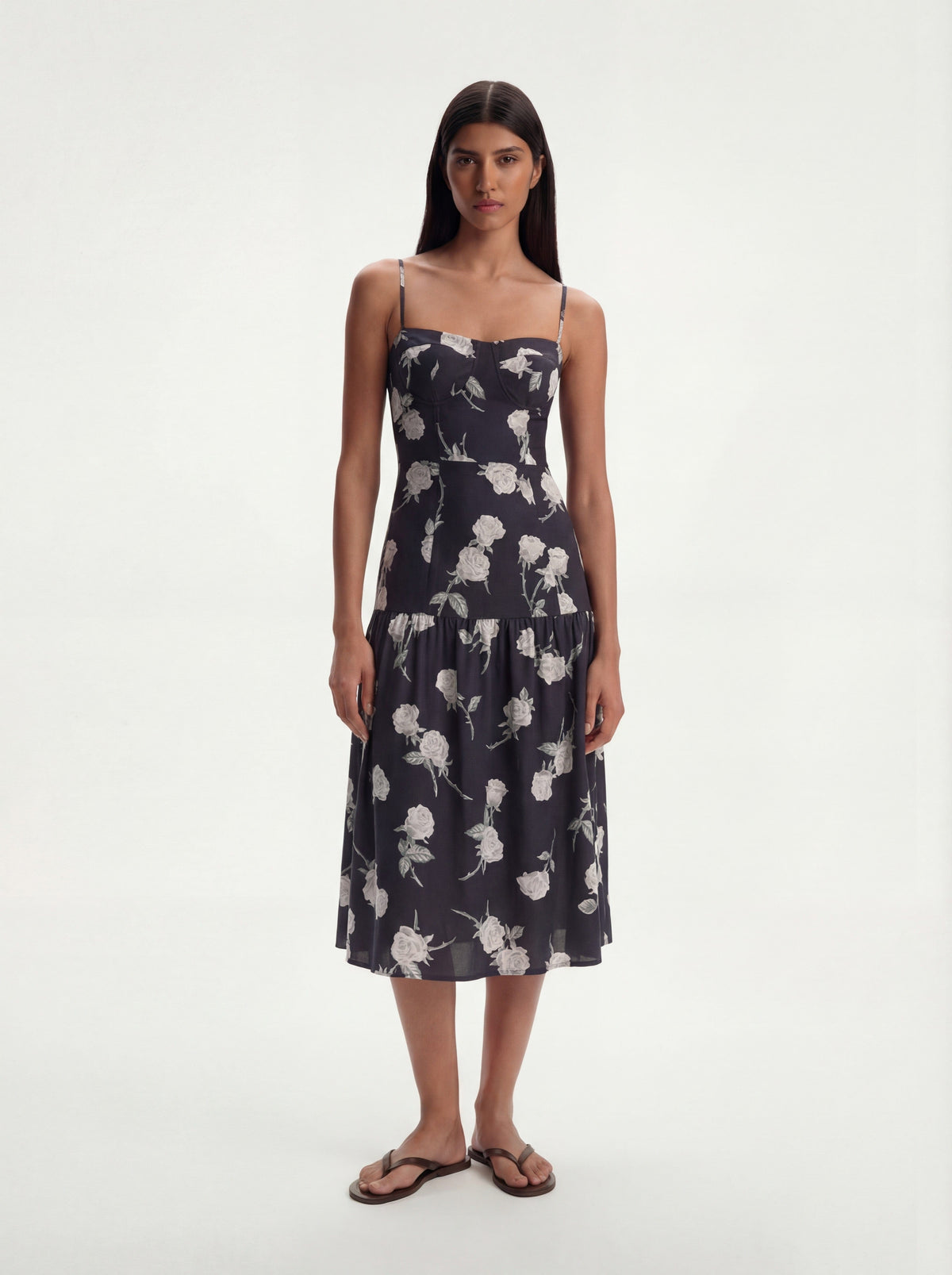 Me Esse Juliette Roses Print Midi Dress in Coal Black