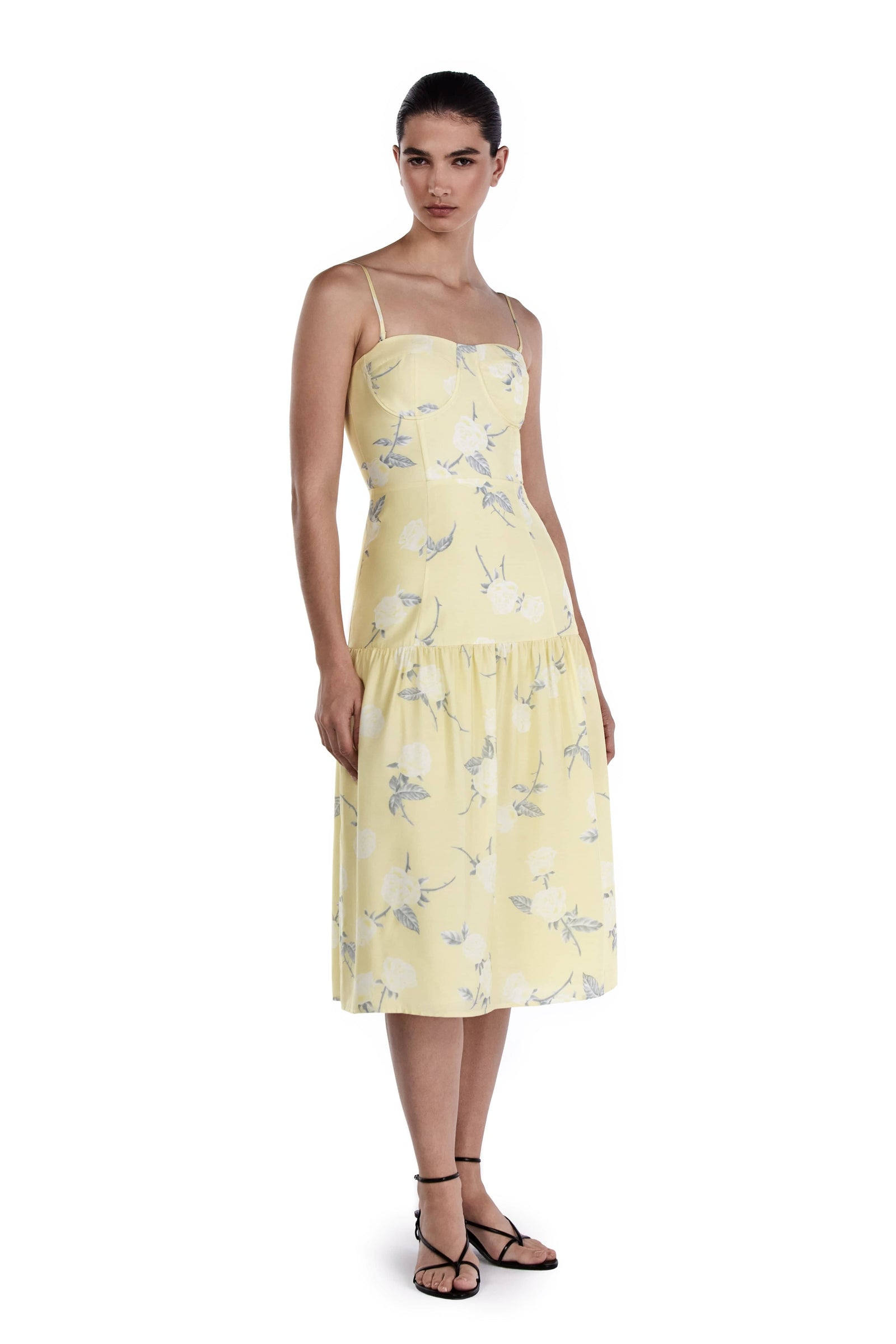 Me Esse Juliette Roses Print Midi Dress in Lemon Yellow