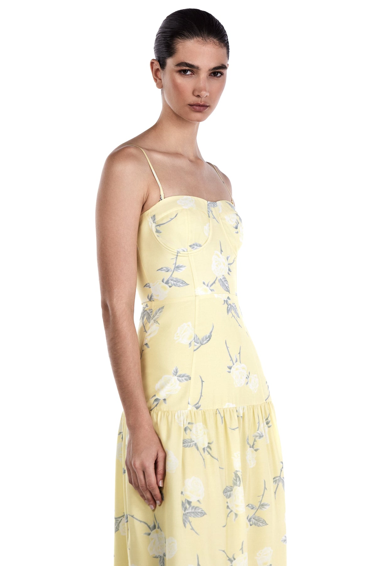 Me Esse Juliette Roses Print Midi Dress in Lemon Yellow