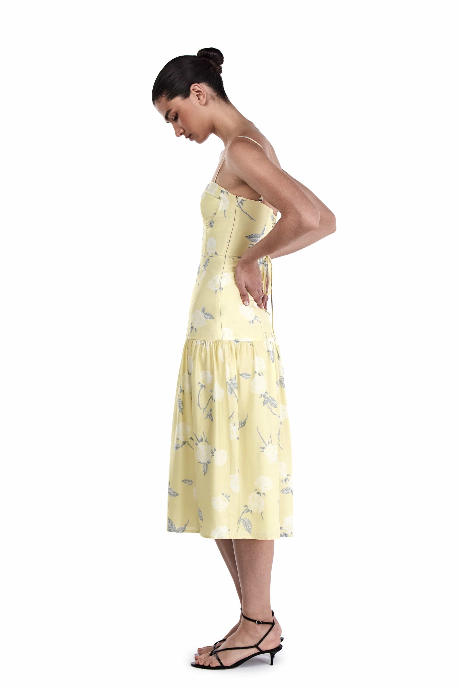 Me Esse Juliette Roses Print Midi Dress in Lemon Yellow