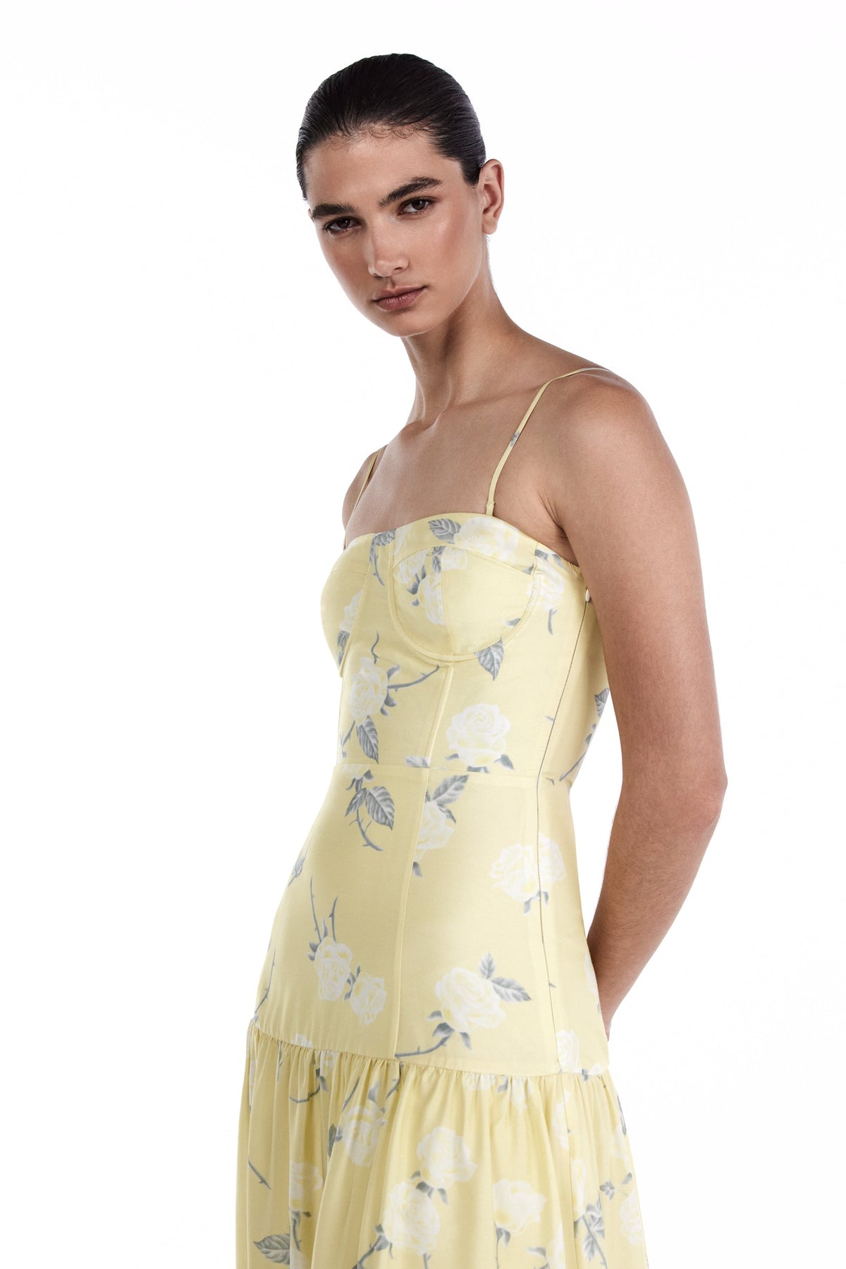 Me Esse Juliette Roses Print Midi Dress in Lemon Yellow