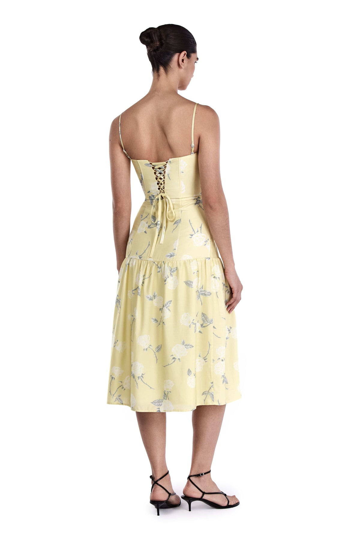 Me Esse Juliette Roses Print Midi Dress in Lemon Yellow