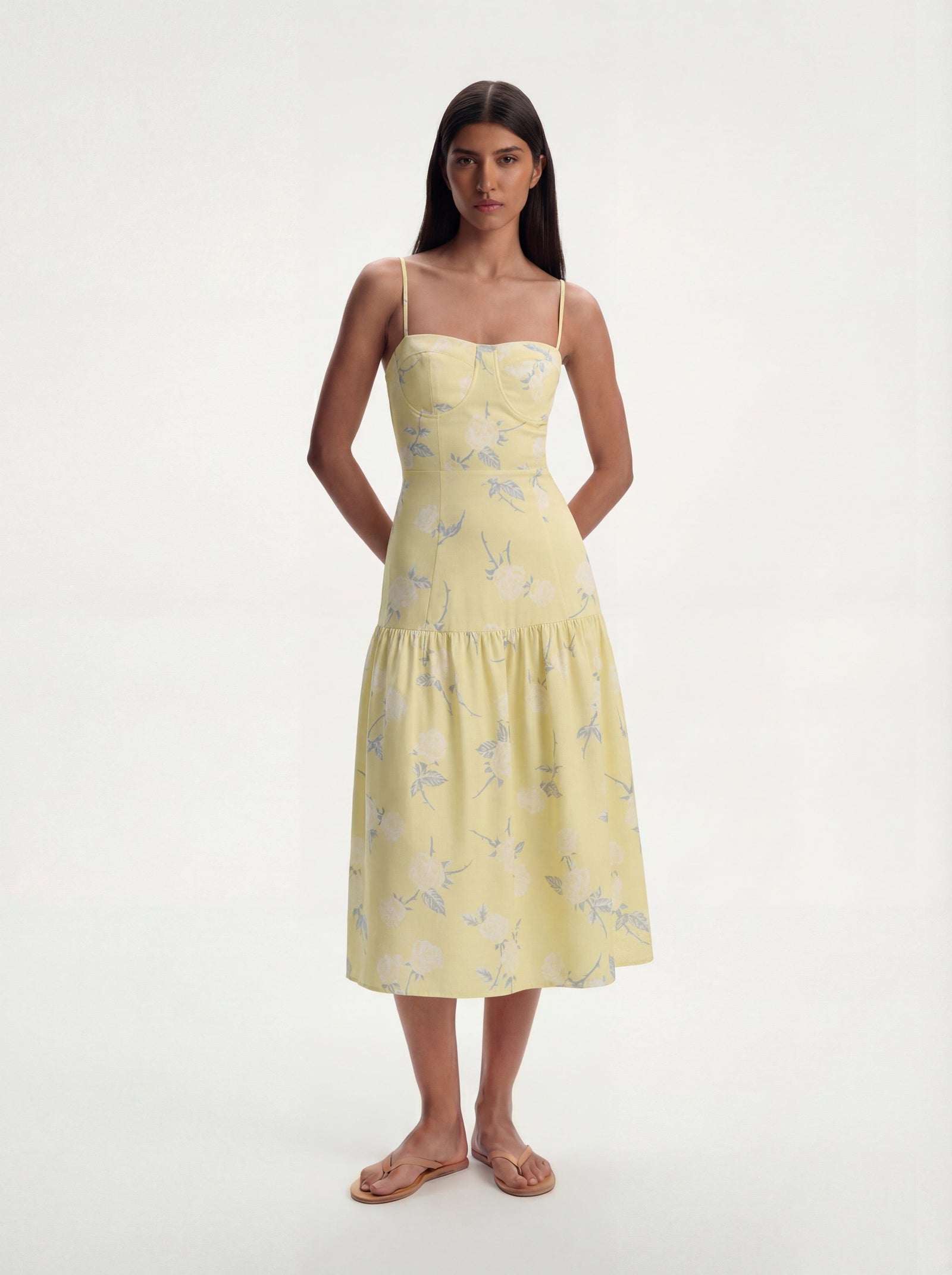Me Esse Juliette Roses Print Midi Dress in Lemon Yellow
