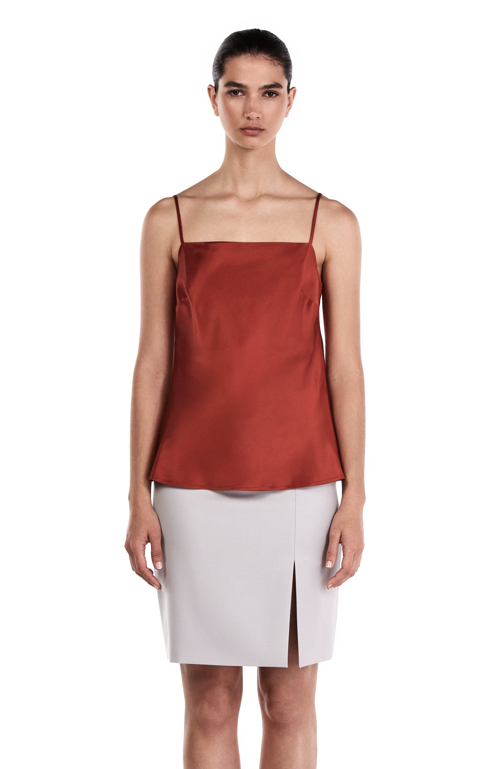 Me Esse Lily Lilium Luster Red Slim Strap Top | Stone-Washed Silk
