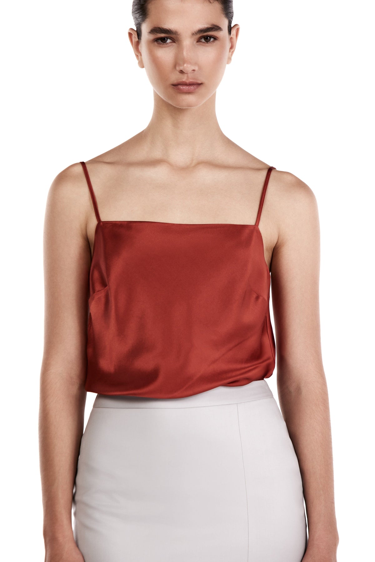 Me Esse Lily Lilium Luster Red Slim Strap Top | Stone-Washed Silk