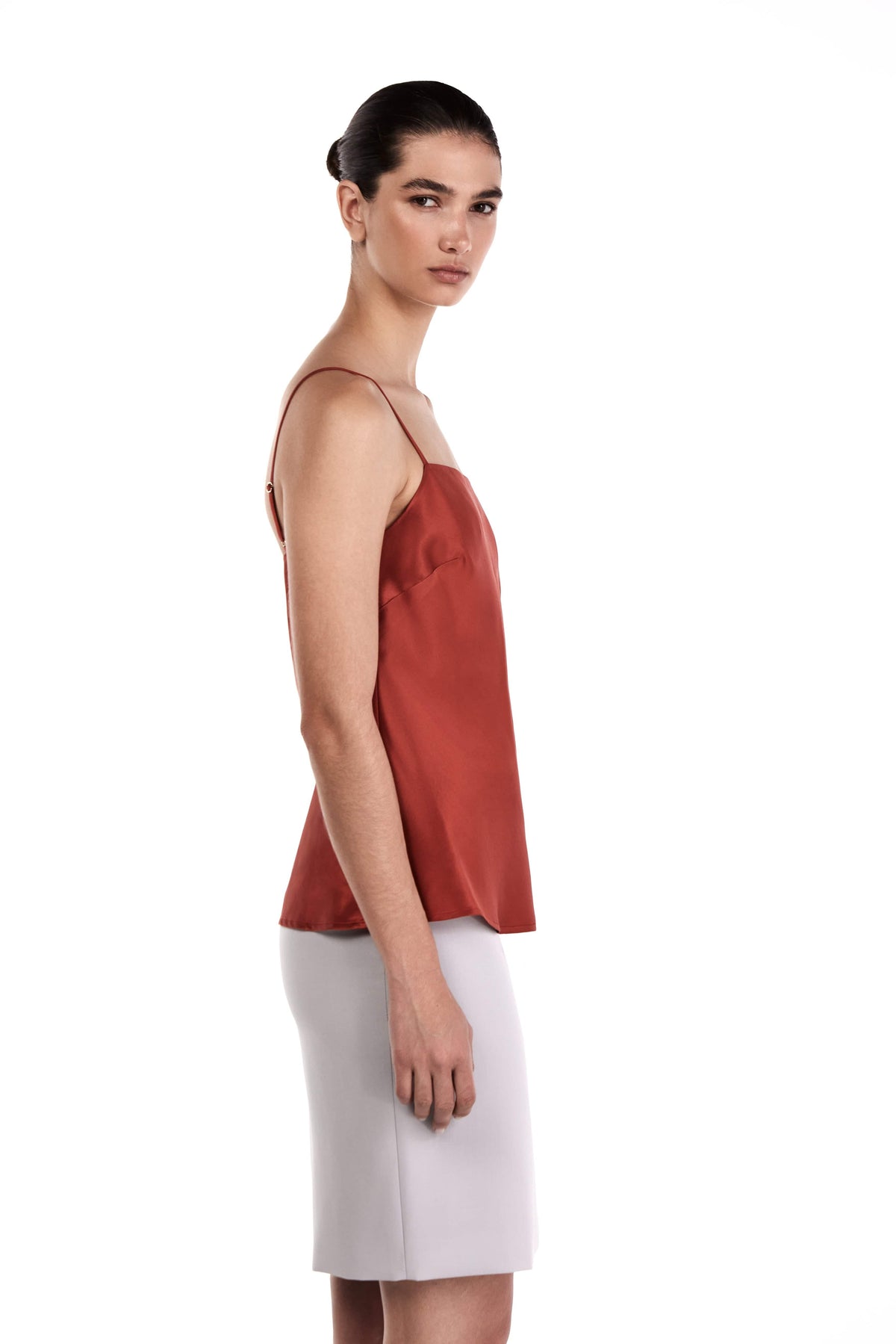 Me Esse Lily Lilium Luster Red Slim Strap Top | Stone-Washed Silk