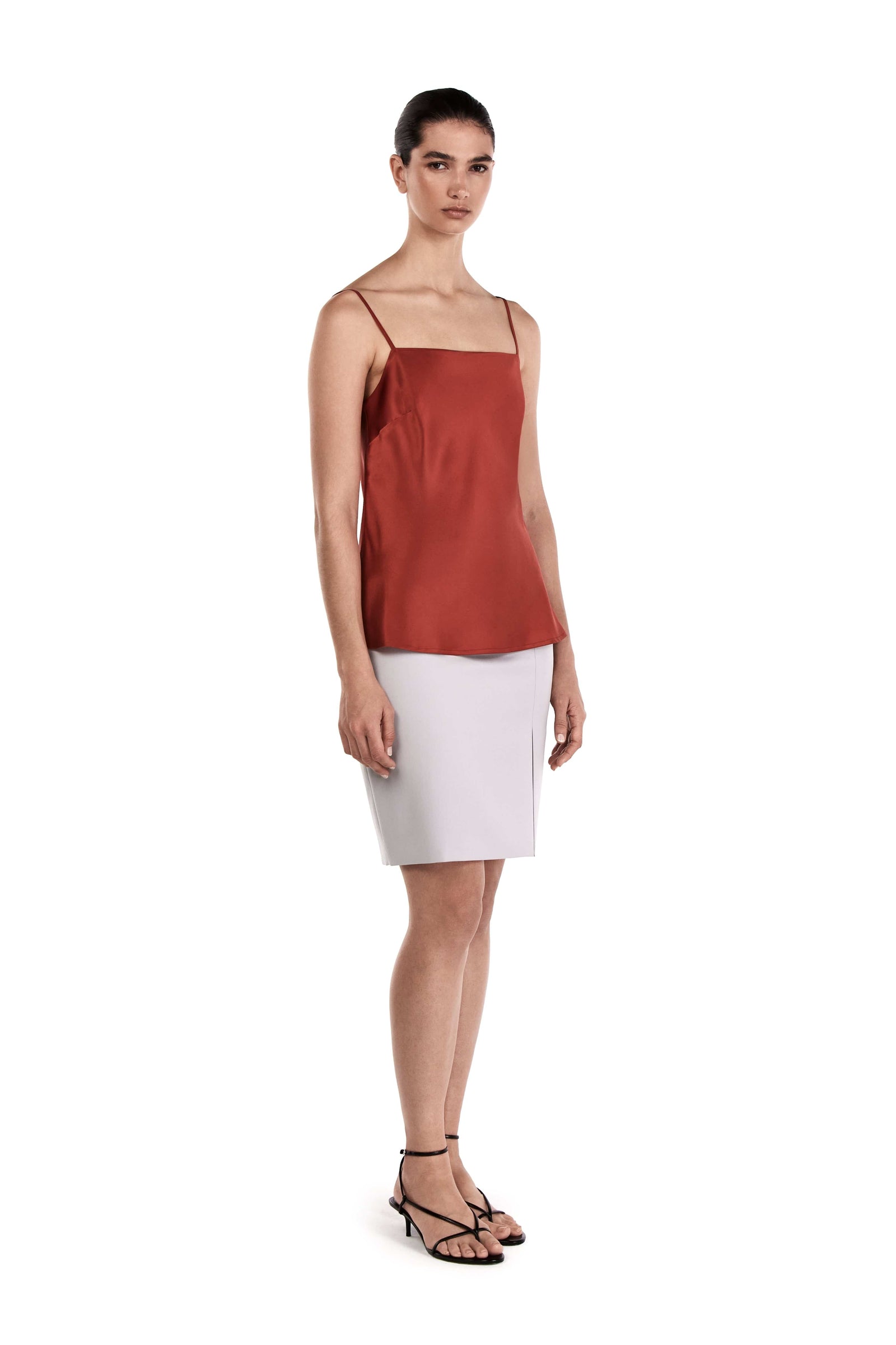 Me Esse Lily Lilium Luster Red Slim Strap Top | Stone-Washed Silk
