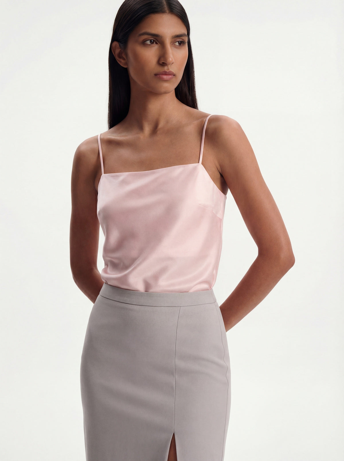 Me Esse Lily Marshmallow Pink Slim Strap Top | Stone-Washed Silk