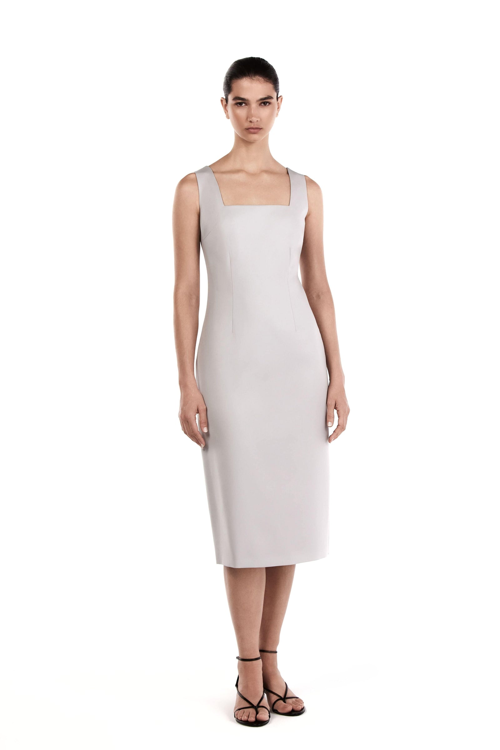 Me Esse Olivia Tailored Midi Dress with Square Neck in Platinum Grey