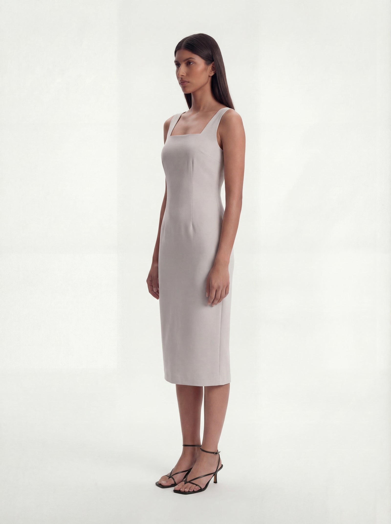 Me Esse Olivia Tailored Midi Dress with Square Neck in Platinum Grey
