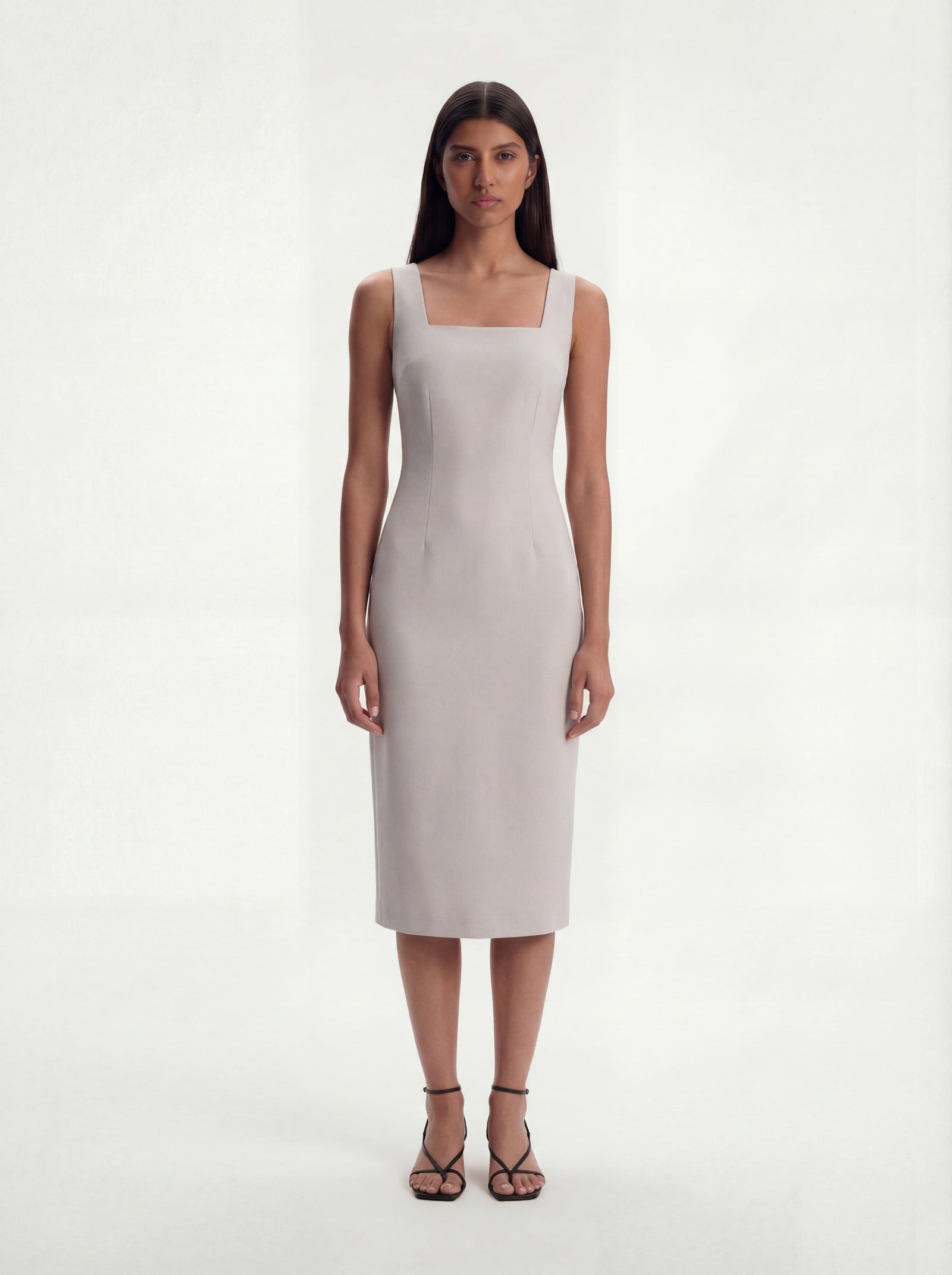 Me Esse Olivia Tailored Midi Dress with Square Neck in Platinum Grey