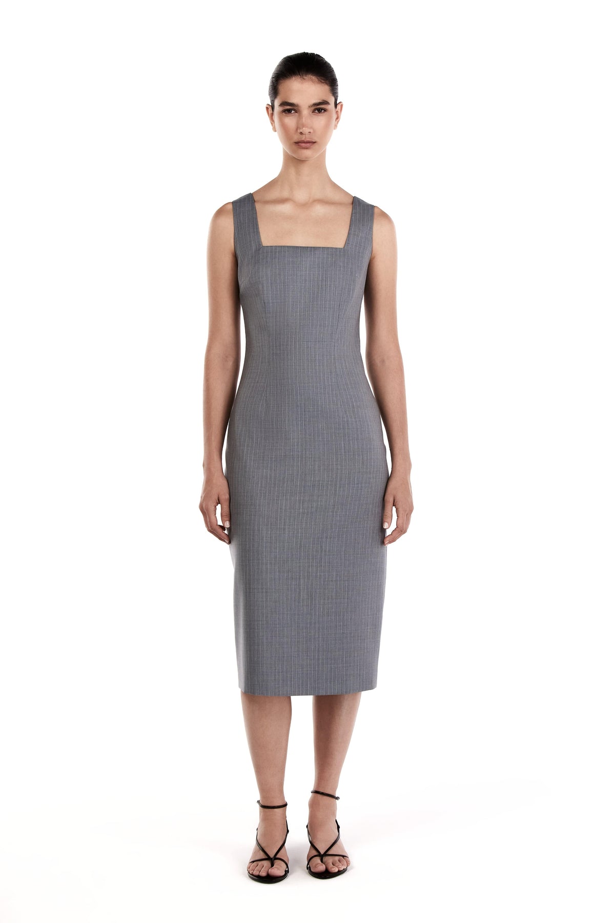 Me Esse Olivia Tailored Midi Dress with Square Neck in Sky Mist Blue with White Stripe