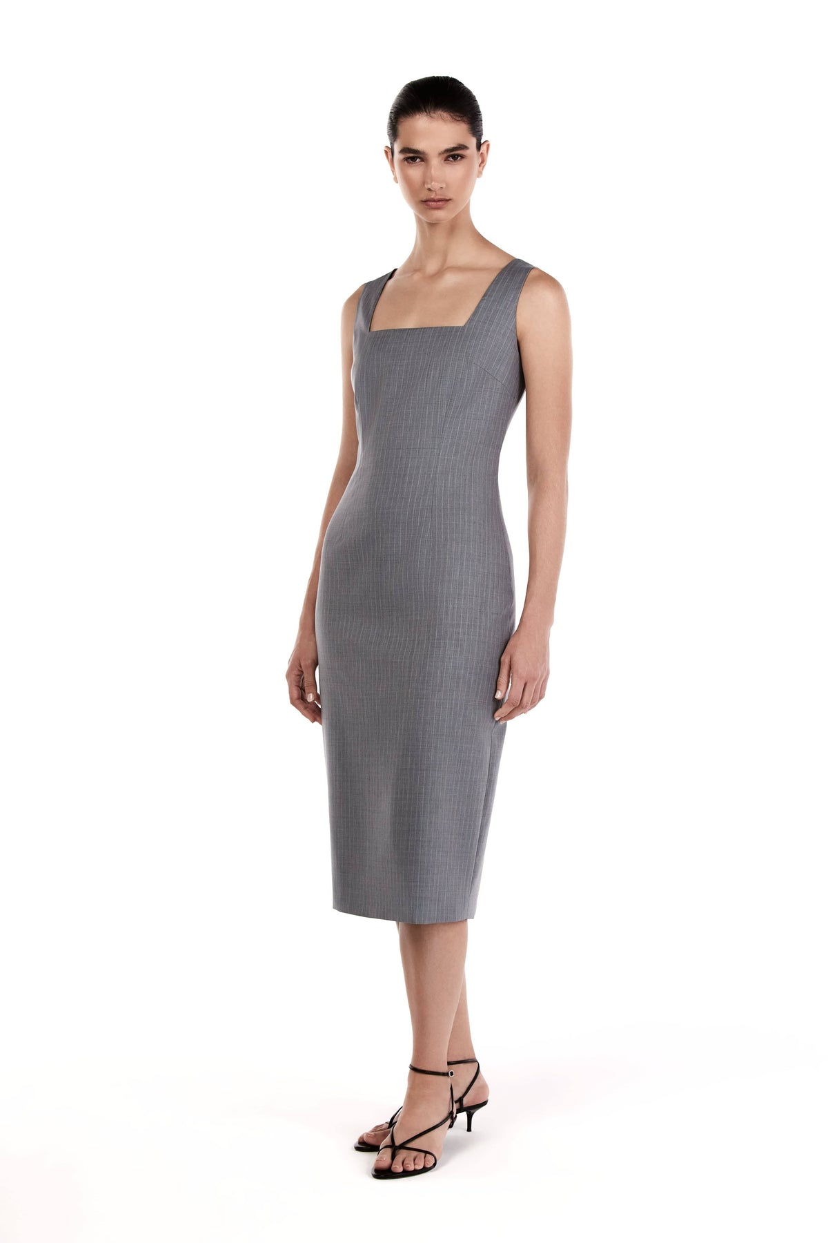 Me Esse Olivia Tailored Midi Dress with Square Neck in Sky Mist Blue with White Stripe
