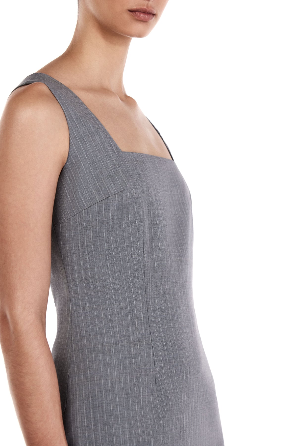 Me Esse Olivia Tailored Midi Dress with Square Neck in Sky Mist Blue with White Stripe
