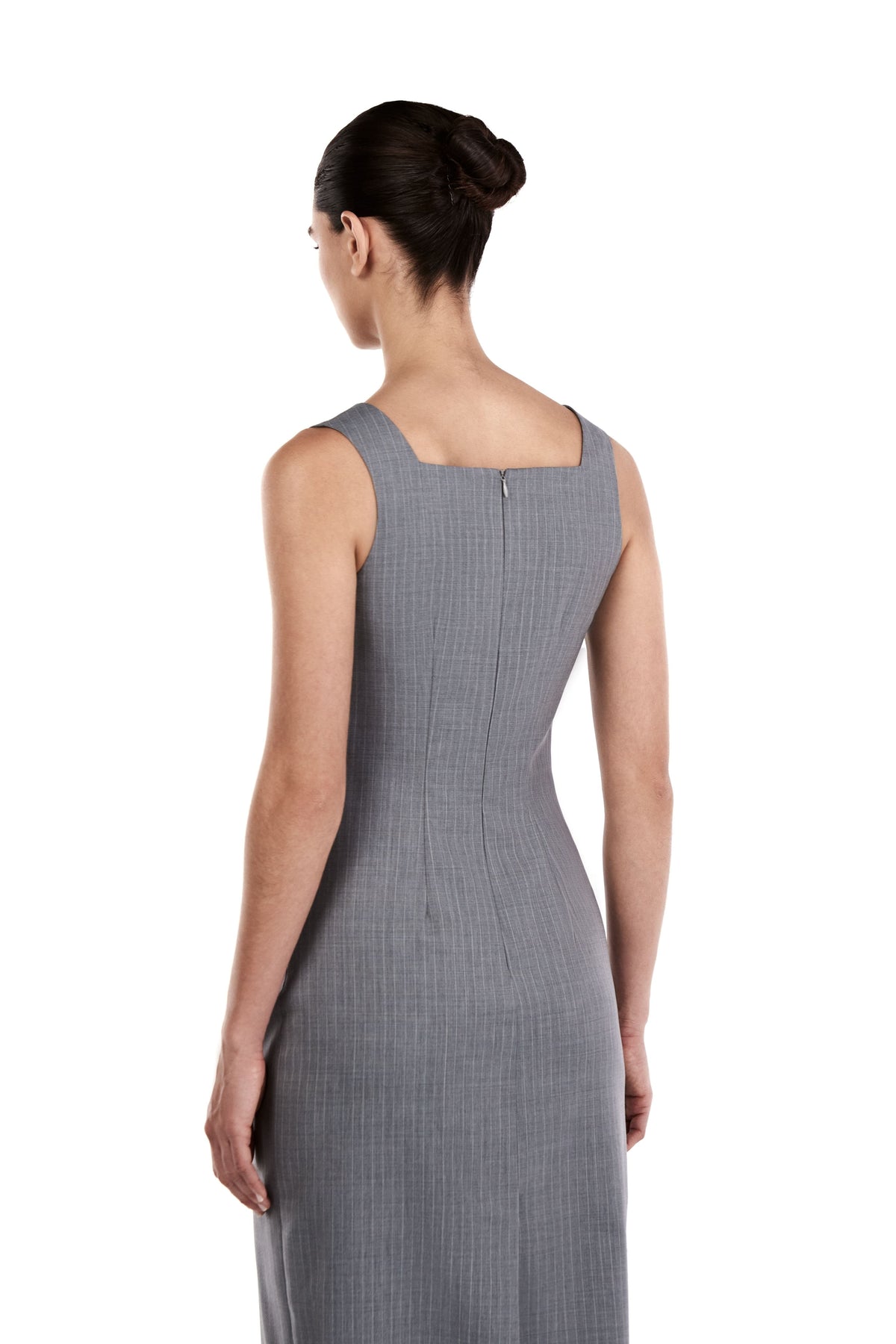 Me Esse Olivia Tailored Midi Dress with Square Neck in Sky Mist Blue with White Stripe