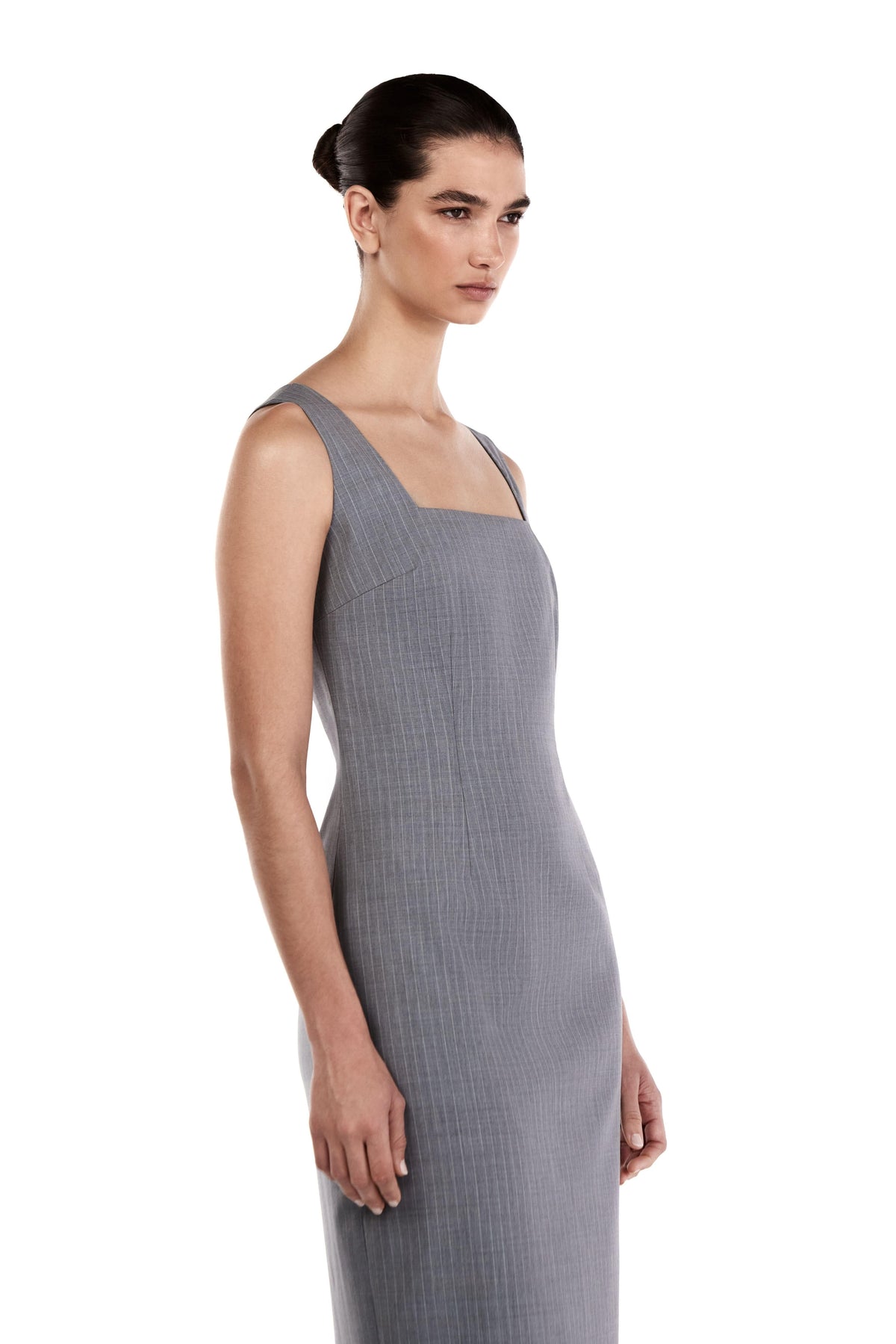 Me Esse Olivia Tailored Midi Dress with Square Neck in Sky Mist Blue with White Stripe