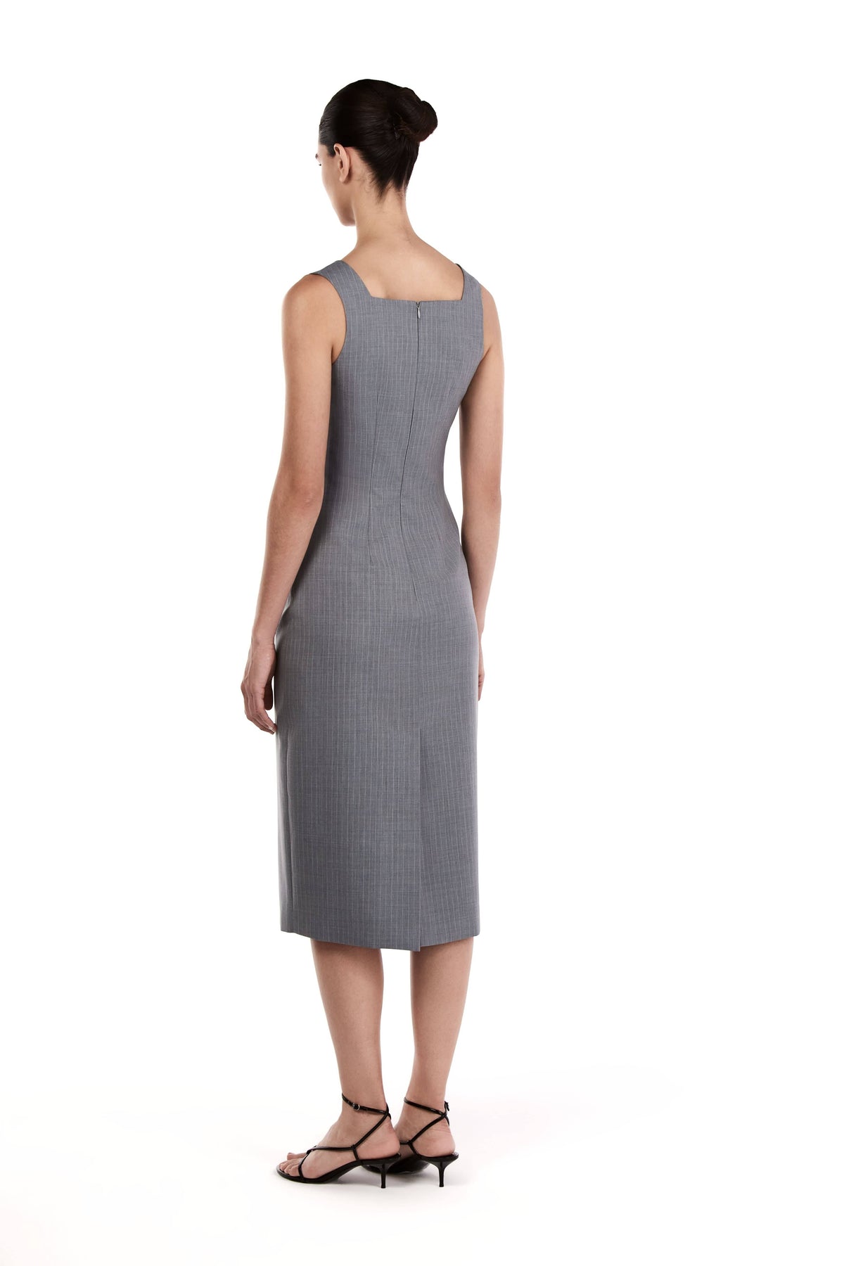 Me Esse Olivia Tailored Midi Dress with Square Neck in Sky Mist Blue with White Stripe