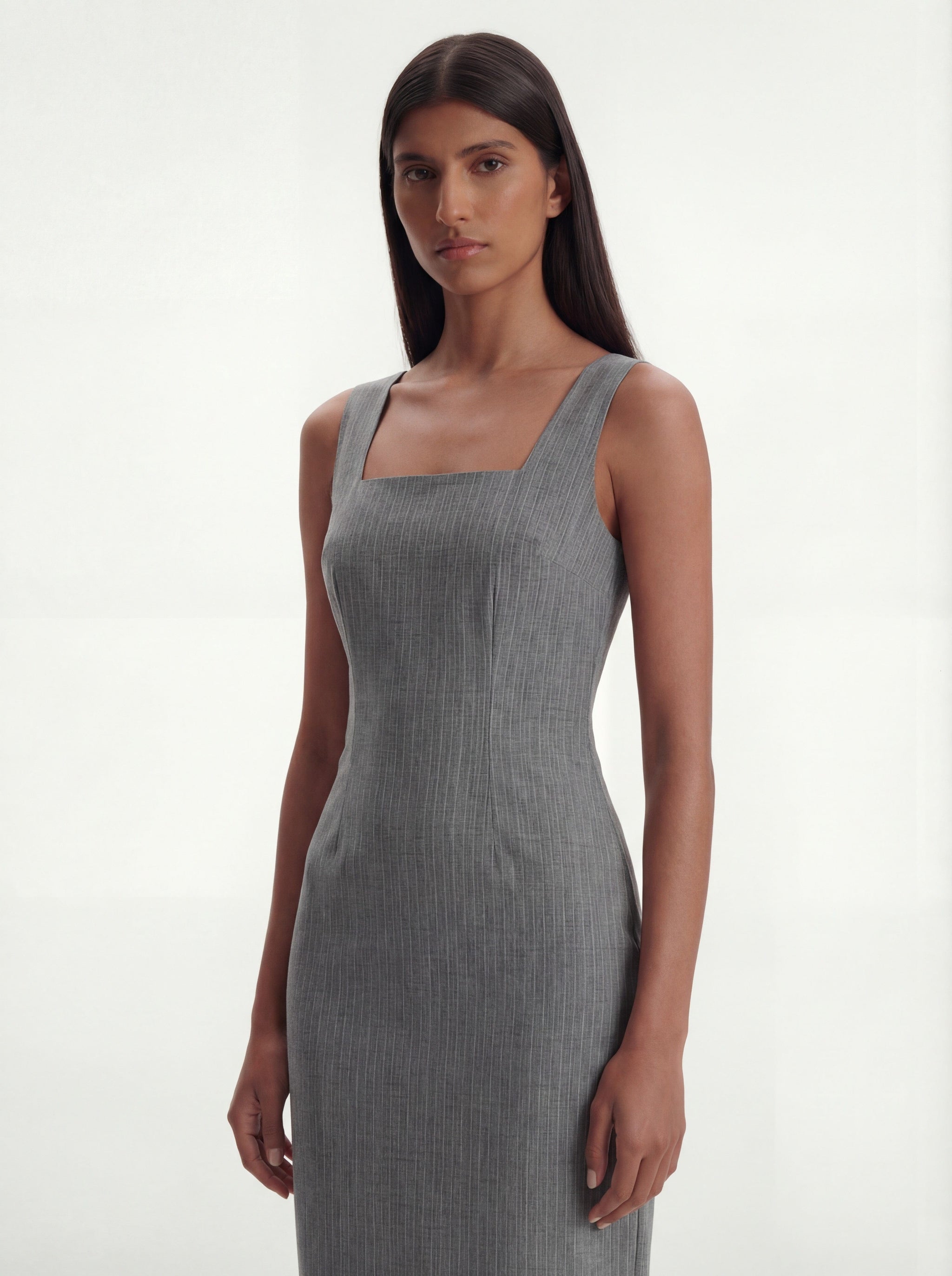 Olivia Tailored Midi Dress with Square Neck in Sky Mist Blue with Whit - Me Esse Olivia Tailored Midi Dress with Square Neck in Sky Mist Blue with Whit - Me Esse