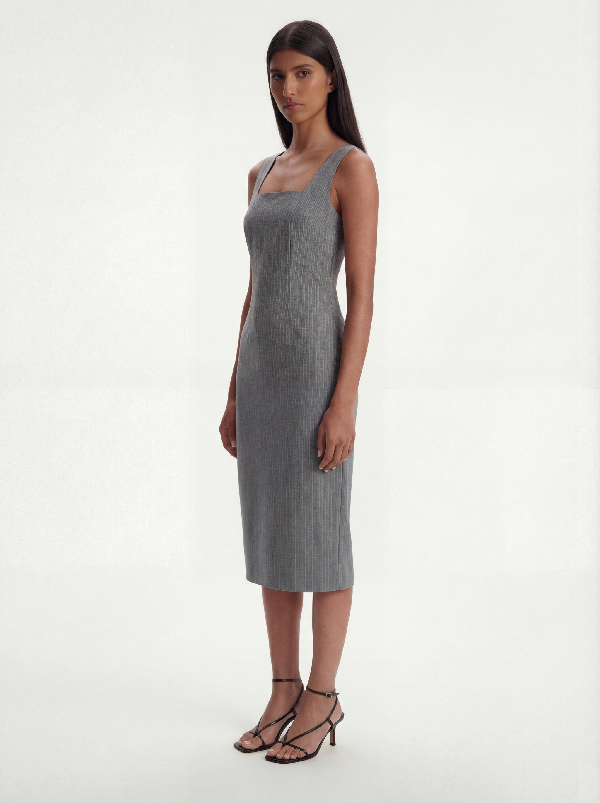 Olivia Tailored Midi Dress with Square Neck in Sky Mist Blue with Whit - Me Esse Olivia Tailored Midi Dress with Square Neck in Sky Mist Blue with Whit - Me Esse